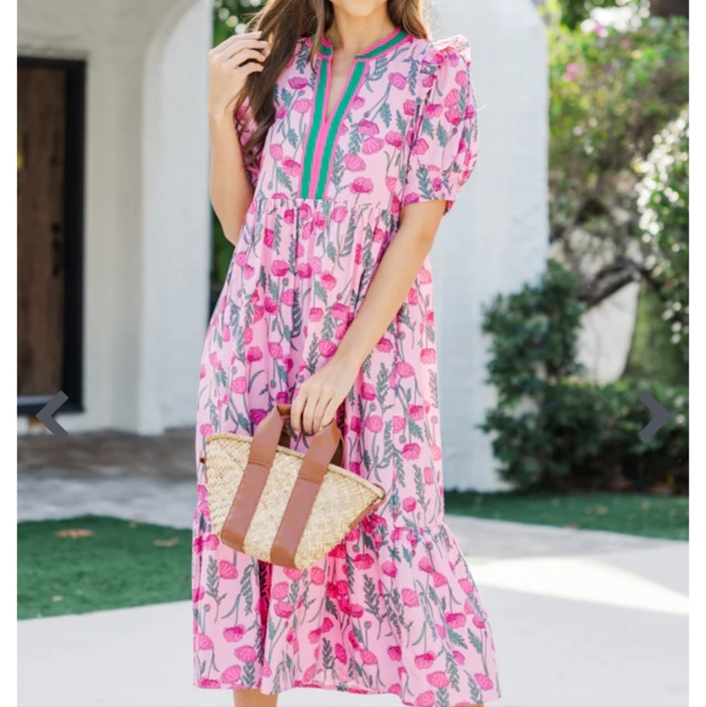 entro Pink Floral Maxi Dress with Green Stripe Accents - Picture 2 of 7